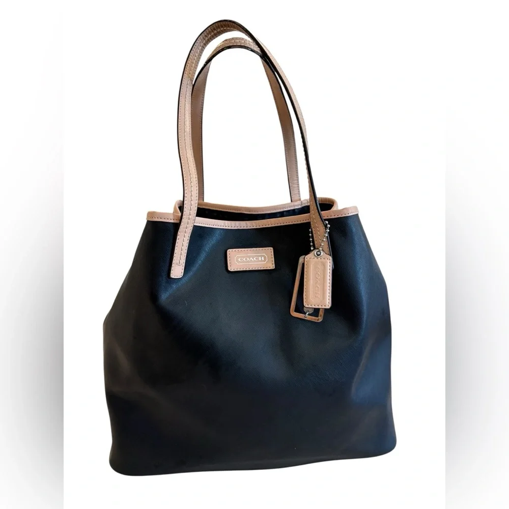 Coach Black Tote with Tan Leather Trim